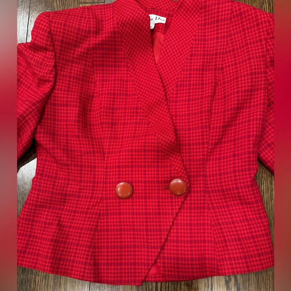 Christian Dior Vintage Houndstooth Red Plaid Pure Wool Blazer Top Size 12P